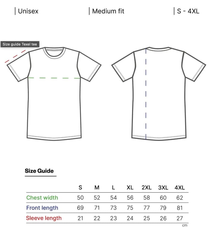 Guía de tallas: unisex, corte medio, de la S a la 4XL, con el ancho de pecho, el largo y la manga en centímetros